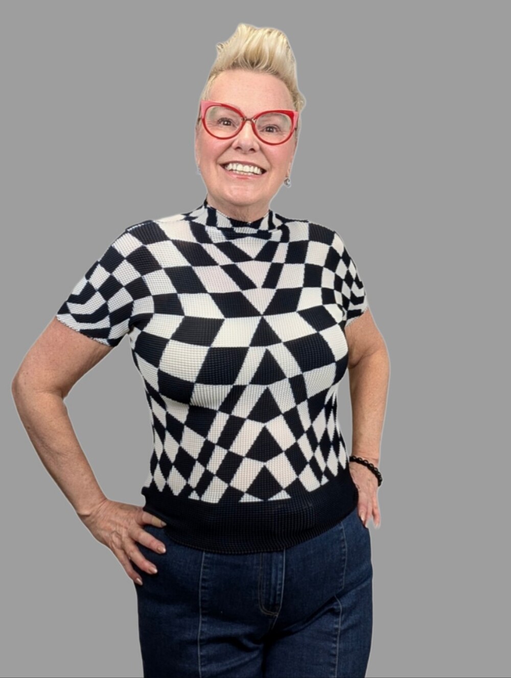 Kate Hewko Mock Neck Top -  Black & White Geometric